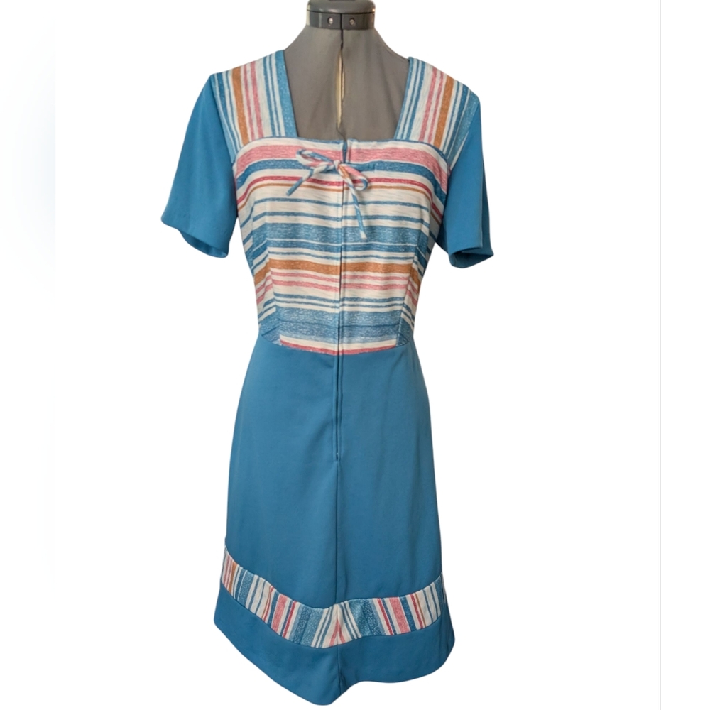70s Vintage Women's Blue Striped Dress Fit N Flare Sporty Dress